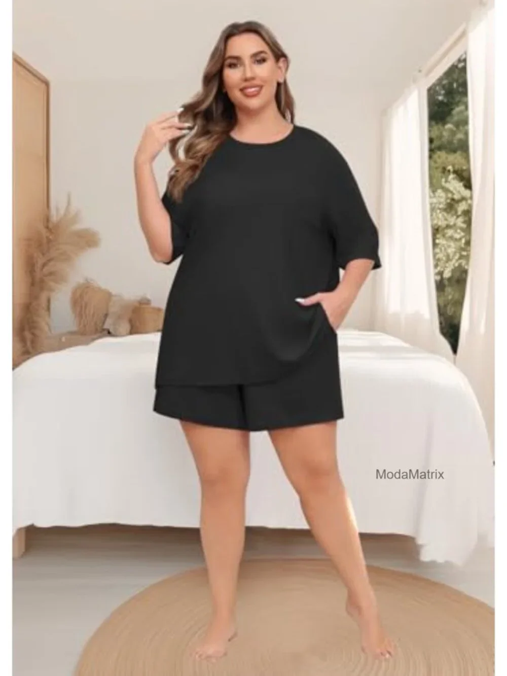 Plus Size 2 Piece Pajama Set with Pockets Short Sleeve Lounge Set